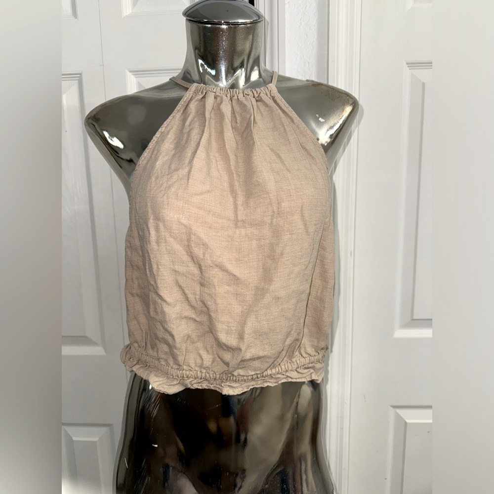 Zara adjustable back high neck linen like nude top size medium
